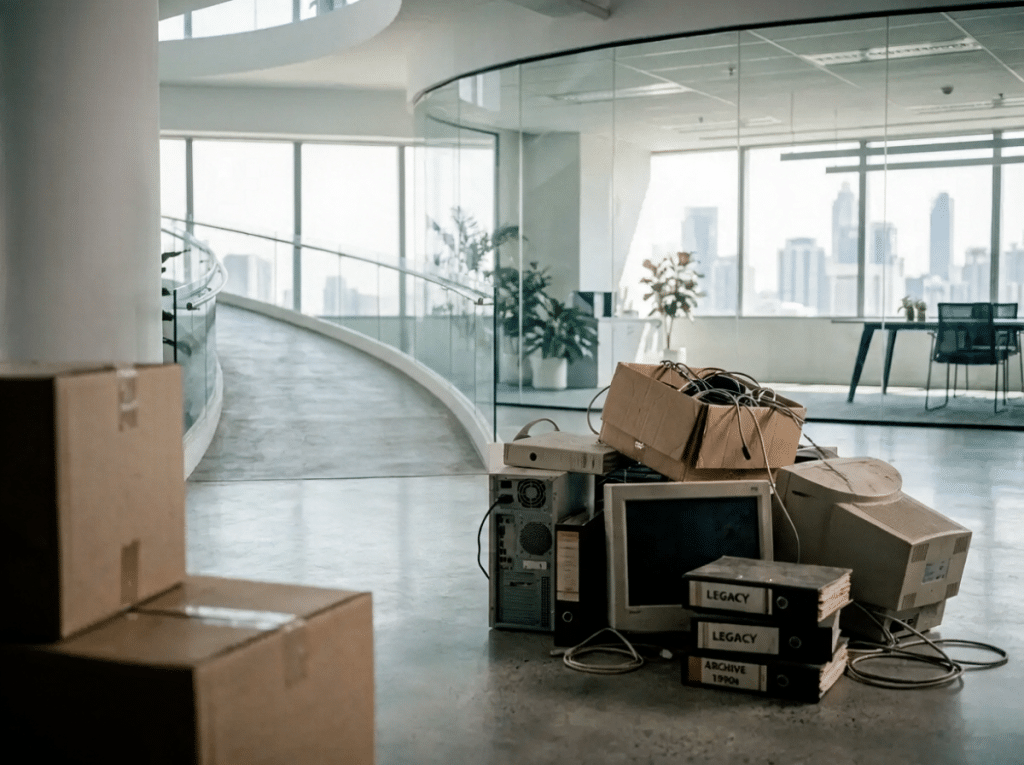 Employee pulling ring binders, a legacy policy system and legacy hardware on chains into a modern, digital office